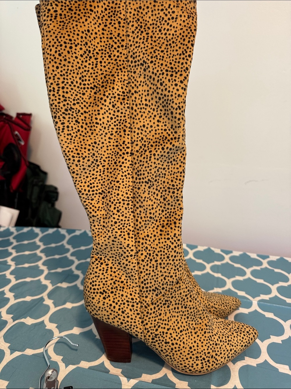 Leopard Print Knee-High Block Heel Boots - Yellow